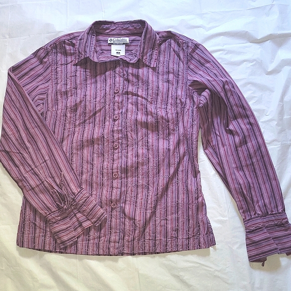 Columbia Purple Striped Button-Down Shirt w/ Floral Embroidery & Tie Sleeves Sm. - Picture 5 of 16